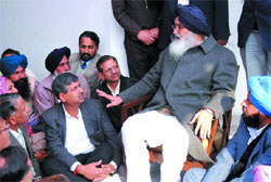CM Parkash Singh Badal condoles SAD candidate from Bathinda, Sarup Singla, after his mothers death, in Bathinda on Tuesday. 
