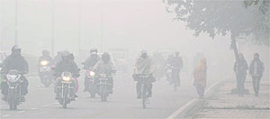 Motorists make their way through dense fog in Chandigarh on Tuesday morning