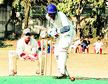 A batsman in action in a match in the 26th Banke Lal Shah Memorial Under-15 Cricket Tournament in Dehradun on Tuesday