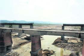 A damaged railway bridge on the Chakki river near Pathankot