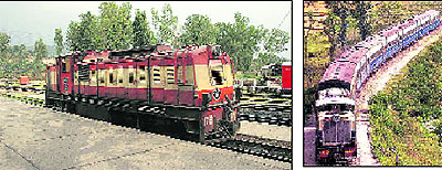Baijnath Paprola railway station. Photo by writer; and (right) A train on the Kangra Valley railway line