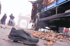 Potatoes scattered on the Ludhiana- Malerkotla road after the tempo carrying them collided with a truck. 