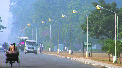 Lights on during daylight on the PAU campus.