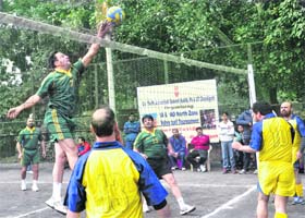 A volleyball match in progress during the IA and AD North Zone Volleyball Tournament at Sports Complex, Chandigarh, on Wednesday