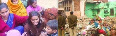 (L) Relatives of the victims mourn in Mundka (West Delhi) on Wednesday. (R) Delhi policemen inspect the collapsed building . 