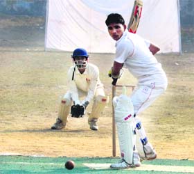 A batsman in action in a match in the 26th Banke Lal Shah Memorial Under-15 Cricket Tournament in Dehradun on Wednesday
