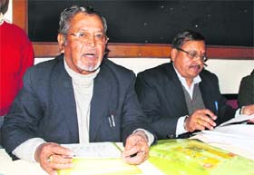 SS Pangti, a senior Uttarakhand Raksha Morcha leader, announces the list of party candidates for the coming Assembly poll on Wednesday