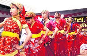 Students of ASN Intermediate College, Jwalapur, present a Garhwali folk dance in Haridwar on Wednesday