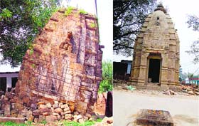 BACK IN SHAPE: The quake-hit Bhadrakali temple at Sarah village near Dharamsala; and (right) the temple after its restoration by INTACH
