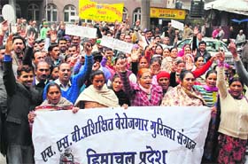 SSB trained volunteers raise slogans in Mandi on Wednesday