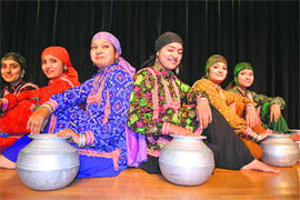 Artistes perform a Gojri dance at the Spiritual Growth Centre in Katra on Wednesday