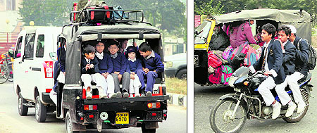 An overloaded auto-rickshaw ferries school students; and underage students indulge in triple riding as an overloaded auto drives past them