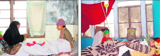 Patients use bedsheets to save themselves from cold as windowpanes lie broken in a ward in the Civil Hospital; and (right) Guru Nanak Dev Hospital in Amritsar.
