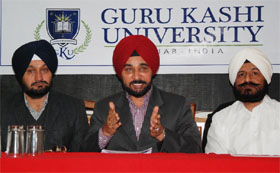 Gurlab Singh, chairman of Guru Kashi University, speaks to media in Bathinda on Thursday. 