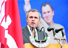 Chief Minister Omar Abdullah speaks at a function on the occasion of the completion of three years of his government in Jammu on Thursday