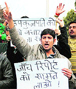 Activists of the National Secular Forum stage a protest in Jammu on Thursday