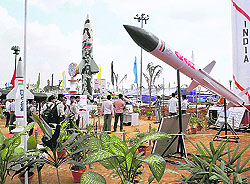 Models of Indias missiles on display at an exhibition put up at the Science Congress in Bhubaneswar