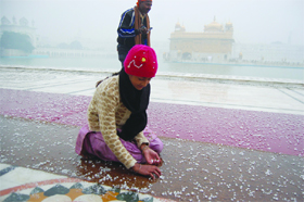 A girl picks up hail stones at the Golden Temple after a hailstorm hit Amritsar on Friday. 