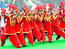 Students perform at the inaugural function of the 57th National School Games at Hockey Stadium, Sector 42, Chandigarh, on Friday