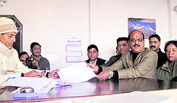 Subodh Uniyal, Congress candidate from Narendar Nagar, files his nomination papers in Tehri on Friday