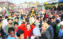 Uttarakhand Water Resources Minister Parkash Pant on his way to file nomination papers from Pithoragarh on Friday. 