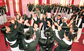 Students of Government Girls Higher Secondary School, Shastri Nagar, perform a dance during the rehearsal for Republic Day celebrations in Jammu.