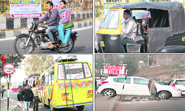  A man rides a two-wheeler without a helmet on a road near the GMCH; an auto-rickshaw operates without a meter;  mini-buses pick up passengers from the no-parking zone near Bikram Chowk; and a car driver takes a wrong turn near the MLA Hostel in Jammu.