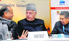 (From left) Rajasthan CM Ashok Gehlot, Union ministers Farooq Abdullah and Vayalar Ravi at the Pravasi Bharati Divas in Jaipur on Saturday. 