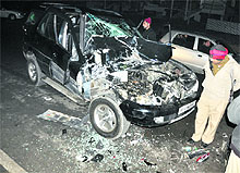 A badly damaged Tata Safari after it rammed into a truck on the Ferozepur Road in Ludhiana on Friday night