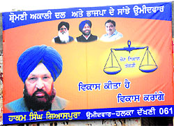 A hoarding put up by Mayor Hakam Singh Giaspura in the Ishar Nagar area of Ludhiana on Saturday