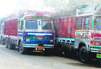 Trucks line the Attari-Wagah check post in Amritsar.