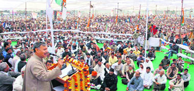 Congress MP from Gurgaon and former union minister Rao Inderjeet Singh addresses a Chetna rally at Mahendragarh on Sunday. 
