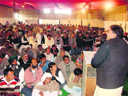 INLD leader Abhey Singh Chautala addresses party workers in Fatehabad on Sunday. 