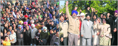 Congress MC councillors alongwith their supporters stand in front of Congress Bhawan to hand in mass resignations from the primary membership of the party; and (right) SAD councillor from Ward 29 Kuldip Singh Oberoi (in grey suit, fourth from right) announced his decision to contest independently from the Jalandhar (Central) constituency in Jalandhar on Sunday. 