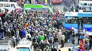 Hundreds of passengers were stranded in Jammu following the closure of the Jammu-Srinagar National Highway on Sunday
