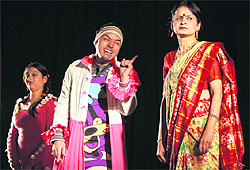 Artistes perform a play Kuava Chale Hans Ki Chal at the Abhinav Theatre auditorium in Jammu on Sunday