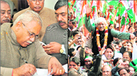Uttarakhand Speaker Harbans Kapoor files nomination papers from Dehradun Cantt in Dehradun on Monday; and (right) Dinesh Aggarwal, Congress candidate from the Dharampur seat, on his way to file papers
