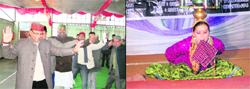 Uttarakhand minister Khajan Das dancing at the Maroj festival; and (right) a dancer performing at the festival in Mussoorie