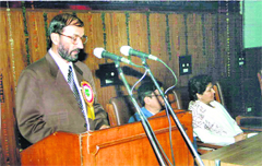Prof SS Chahar expresses his views during a workshop on the RTI in Jhajjar
