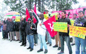 Activists of the CPM raise slogans outside the DCs office in Shimla on Monday. 