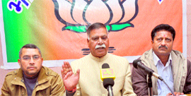 BJP MLA Choudhary Sukhnandan Kumar addresses mediapersons in Jammu on Monday.