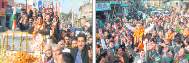 Congress candidate from Jalandhar (North) Avtar Henry takes out a rally in an open jeep before filing his nomination papers; and (right) supporters of BJP candidate from Jalandhar (North) KD Bhandari lift him as he goes for filing his nomination papers through a busy market in Jalandhar on Monday.