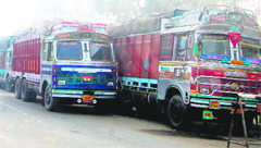 Long queues of trucks at the Attari-Wagah check post in Amritsar. 