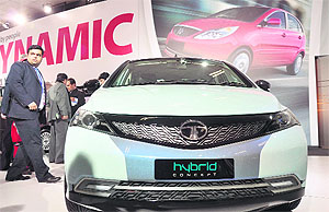 The Tata Manza hybrid sedan on display on the penultimate day of the Auto Expo in New Delhi on Tuesday. The car is powered by a 1.0 litre diesel engine backed up by a 45 kW electric motor and uses high-capacity lithium ion batteries, a technology already featured in electric concept cars built by Tata.