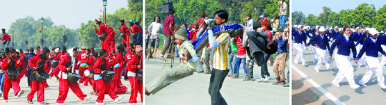 Schoolchildren rehearse at Rajpath for their acts at the Republic Day Parade in New Delhi on Tuesday.