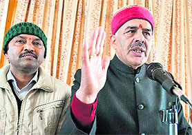 Ganesh Dutt, spokesperson, BJP, addresses mediapersons in Shimla on Tuesday.