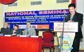 A speaker delivers a lecture during a national seminar on Management of Water Resources in North India at University of Jammu on Tuesday.