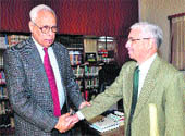 Governor NN Vohra shakes hands with Pramod Kohli, Chief Justice of the Sikkim High Court, during a meeting in Jammu on Tuesday