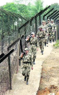 BSF personnel patrol along a barbed wire fence at the Indo-Bangladesh border near Agartala in Tripura on Tuesday.  PTI