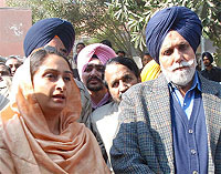 Bathinda MP Harsimrat Kaur Badal and Punjab Irrigation Minister Janmeja Singh Sekhon address the media after the latter filed his nomination papers in Bathinda on Wednesday